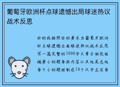葡萄牙欧洲杯点球遗憾出局球迷热议战术反思