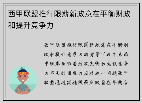 西甲联盟推行限薪新政意在平衡财政和提升竞争力